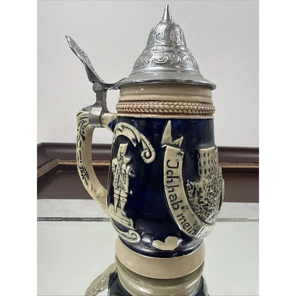 Vintage Original King German Beer Stein Cobalt Blue Castle Relief Pewter Lid KWG